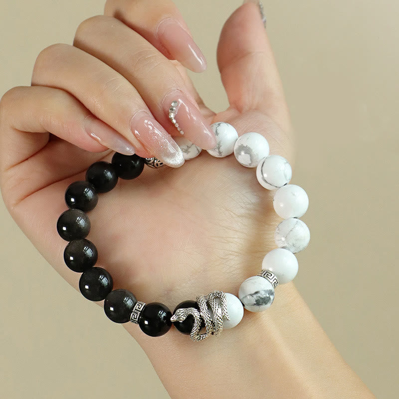 Wear FengShui Natural Silver Sheen Obsidian White Turquoise Grey Jasper Snowflake Obsidian Year Of The Snake Protection Bracelet