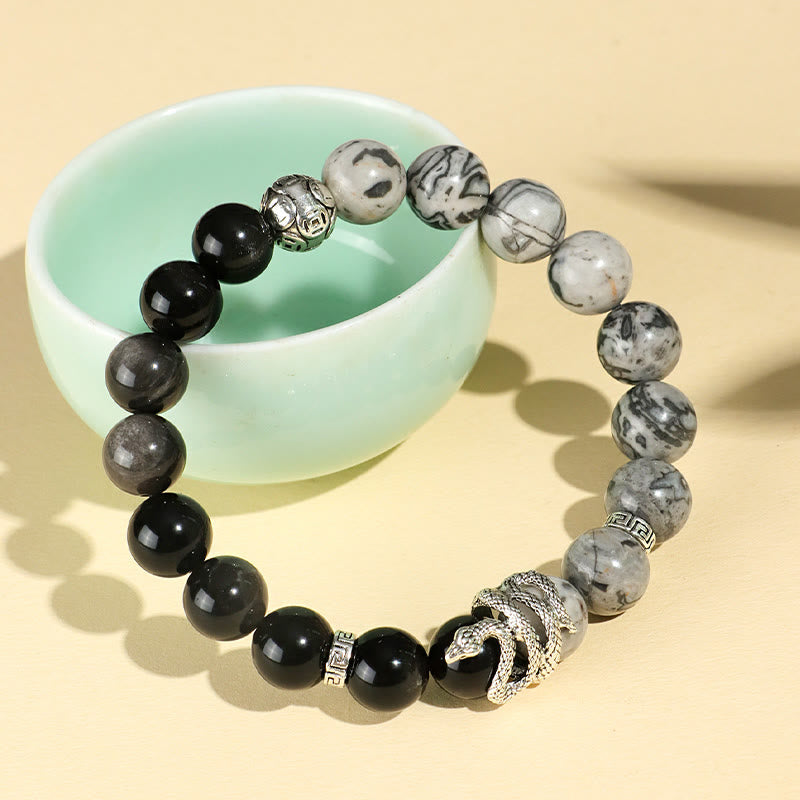 Wear FengShui Natural Silver Sheen Obsidian White Turquoise Grey Jasper Snowflake Obsidian Year Of The Snake Protection Bracelet