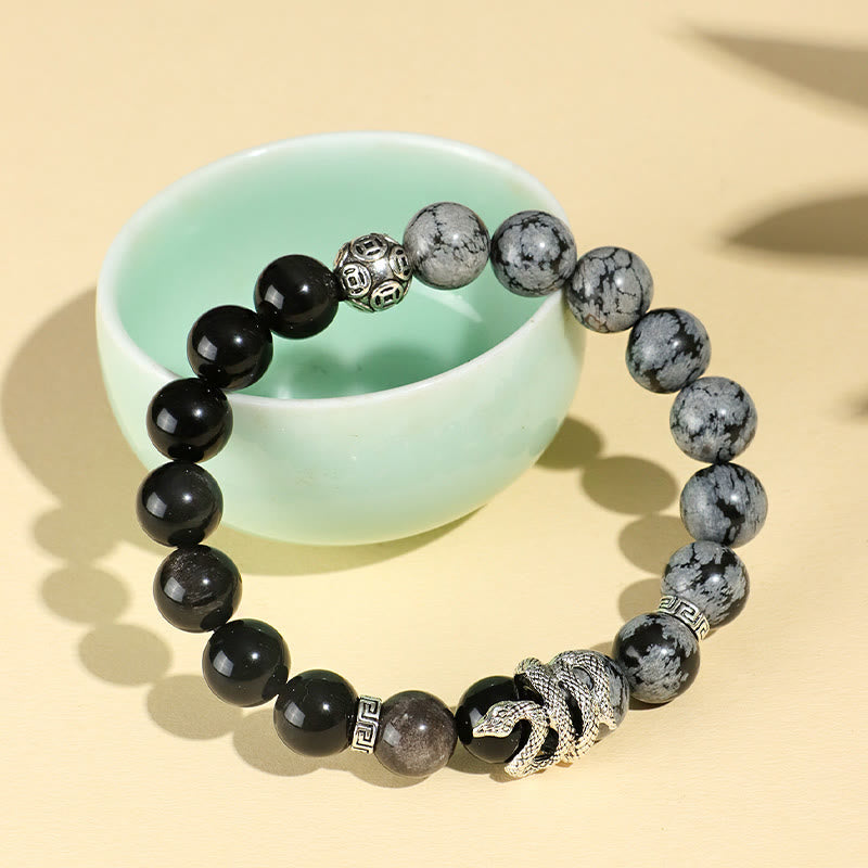 Wear FengShui Natural Silver Sheen Obsidian White Turquoise Grey Jasper Snowflake Obsidian Year Of The Snake Protection Bracelet