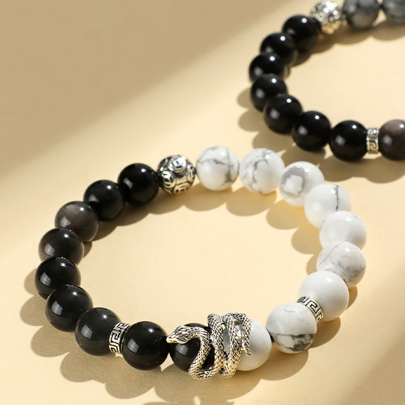 Wear FengShui Natural Silver Sheen Obsidian White Turquoise Grey Jasper Snowflake Obsidian Year Of The Snake Protection Bracelet