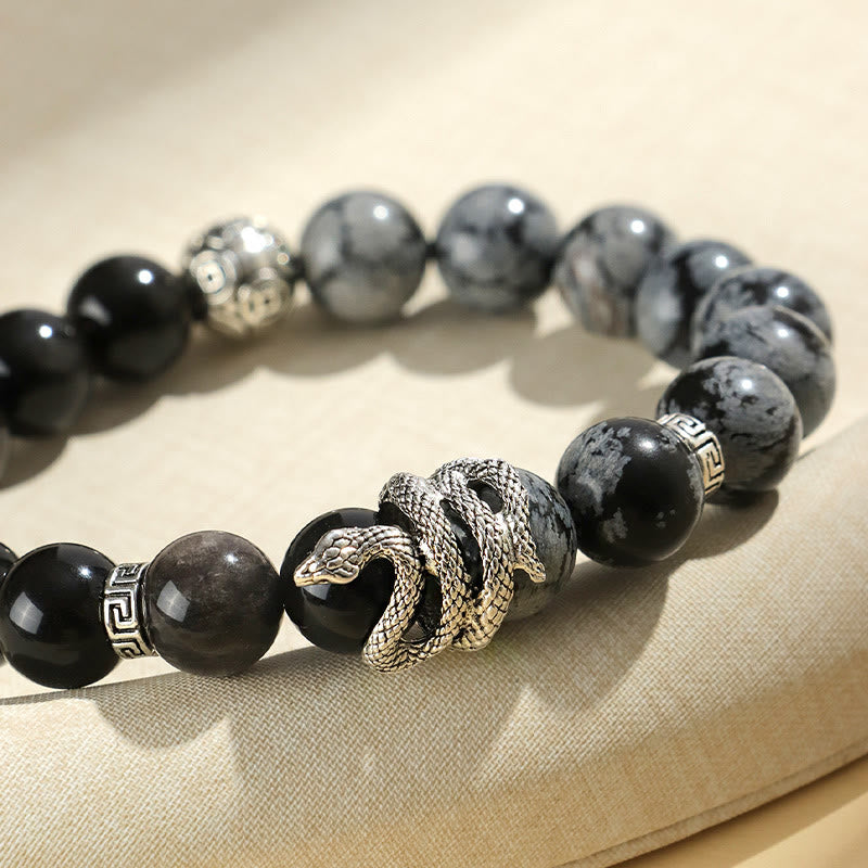 Wear FengShui Natural Silver Sheen Obsidian White Turquoise Grey Jasper Snowflake Obsidian Year Of The Snake Protection Bracelet