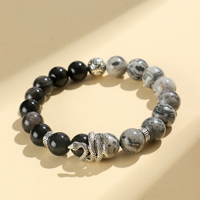 Wear FengShui Natural Silver Sheen Obsidian White Turquoise Grey Jasper Snowflake Obsidian Year Of The Snake Protection Bracelet
