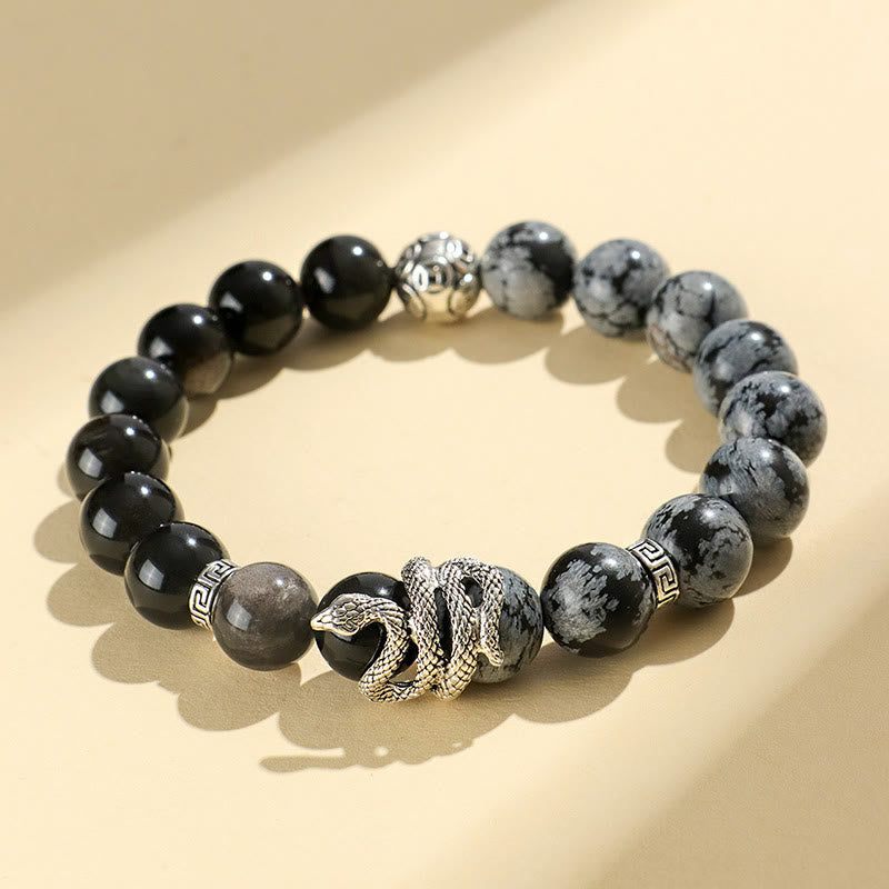 Wear FengShui Natural Silver Sheen Obsidian White Turquoise Grey Jasper Snowflake Obsidian Year Of The Snake Protection Bracelet