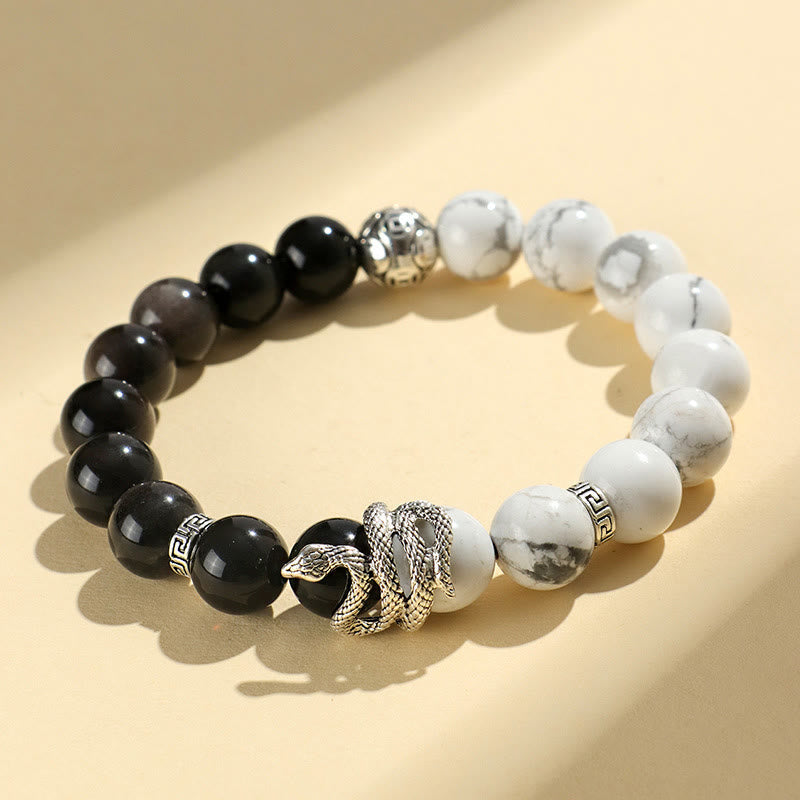 Wear FengShui Natural Silver Sheen Obsidian White Turquoise Grey Jasper Snowflake Obsidian Year Of The Snake Protection Bracelet