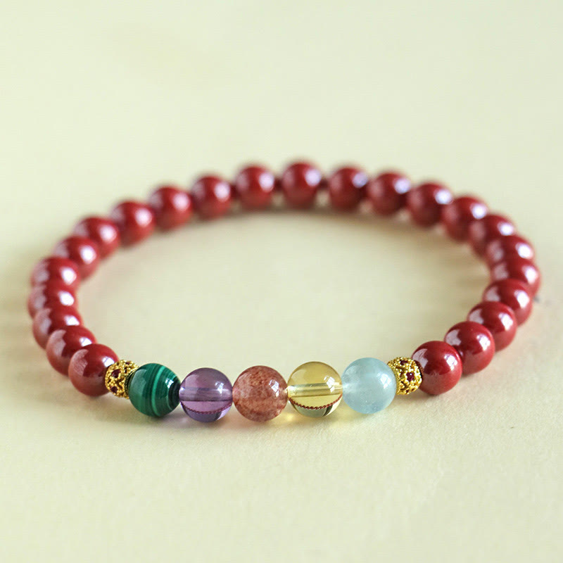 Wear FengShui Cinnabar Aquamarine Citrine Strawberry Quartz Amethyst Malachite Blessing Bracelet