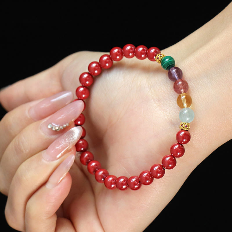 Wear FengShui Cinnabar Aquamarine Citrine Strawberry Quartz Amethyst Malachite Blessing Bracelet