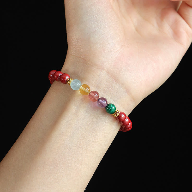 Wear FengShui Cinnabar Aquamarine Citrine Strawberry Quartz Amethyst Malachite Blessing Bracelet