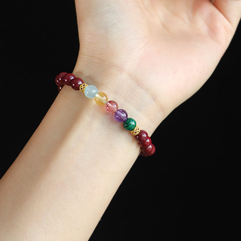 Wear FengShui Cinnabar Aquamarine Citrine Strawberry Quartz Amethyst Malachite Blessing Bracelet