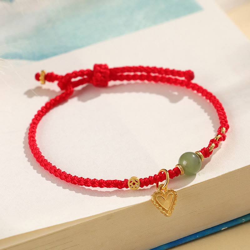 Wear FengShui 925 Sterling Silver Hetian Jade Bead Copper Coin Love Heart Charm Luck Bracelet
