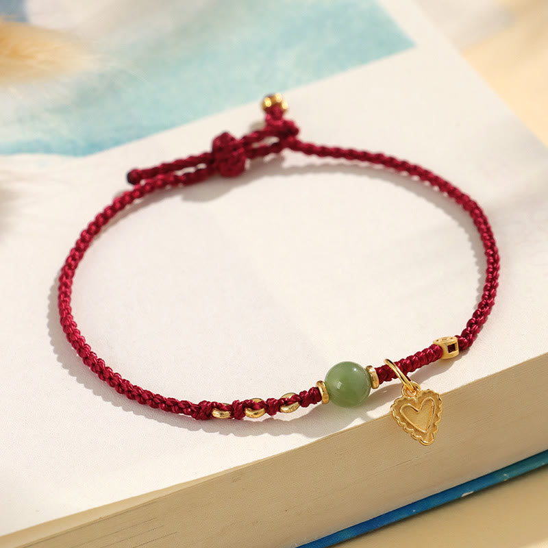 Wear FengShui 925 Sterling Silver Hetian Jade Bead Copper Coin Love Heart Charm Luck Bracelet