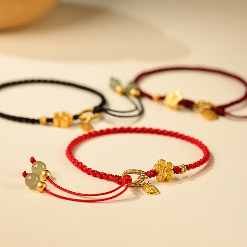 Wear FengShui Hetian Jade Small Peach Blossom Fu Character Charm Luck String Bracelet