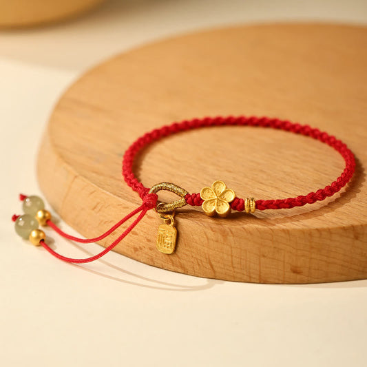 Wear FengShui Hetian Jade Small Peach Blossom Fu Character Charm Luck String Bracelet