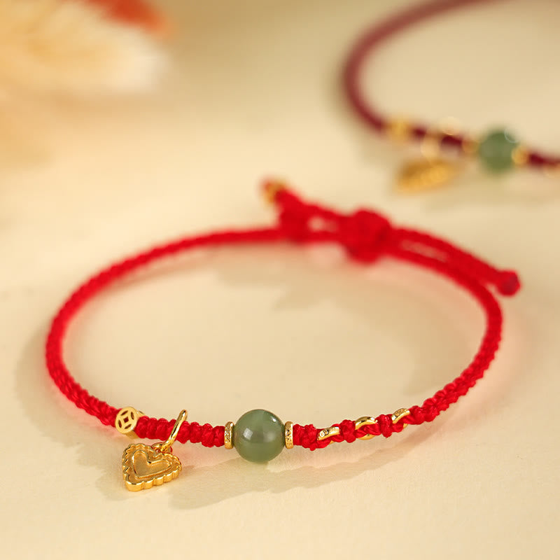 Wear FengShui 925 Sterling Silver Hetian Jade Bead Copper Coin Love Heart Charm Luck Bracelet
