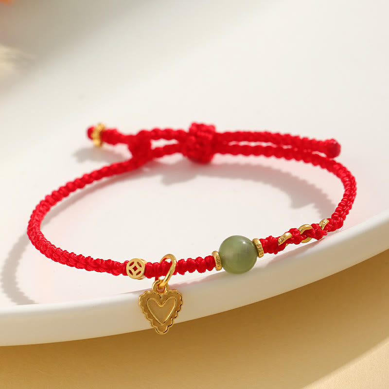 Wear FengShui 925 Sterling Silver Hetian Jade Bead Copper Coin Love Heart Charm Luck Bracelet