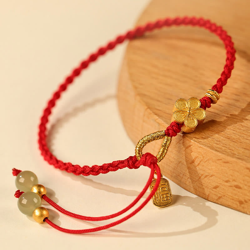 Wear FengShui Hetian Jade Small Peach Blossom Fu Character Charm Luck String Bracelet