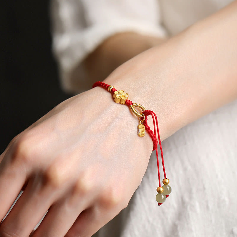 Wear FengShui Hetian Jade Small Peach Blossom Fu Character Charm Luck String Bracelet