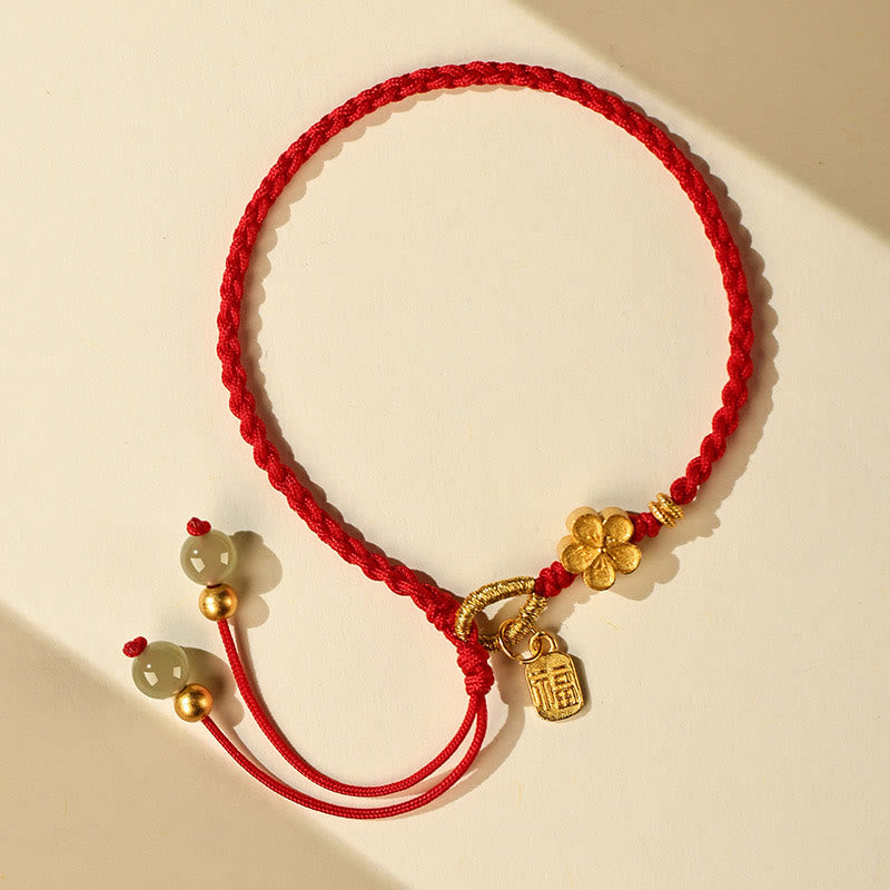 Wear FengShui Hetian Jade Small Peach Blossom Fu Character Charm Luck String Bracelet