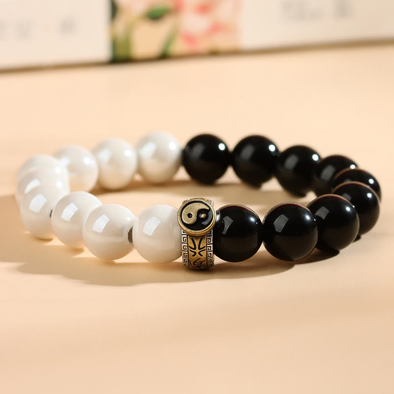 Wear FengShui Black Obsidian White Porcelain Beads Yin Yang Fulfilment Bracelet