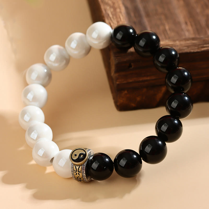 Wear FengShui Black Obsidian White Porcelain Beads Yin Yang Fulfilment Bracelet