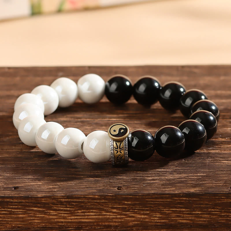 Wear FengShui Black Obsidian White Porcelain Beads Yin Yang Fulfilment Bracelet