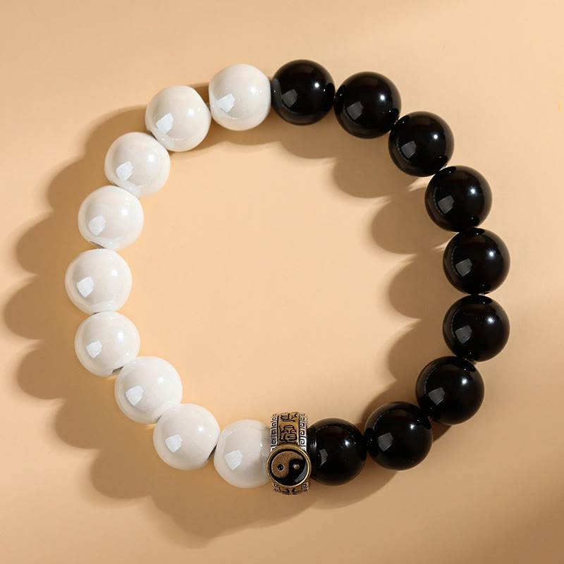 Wear FengShui Black Obsidian White Porcelain Beads Yin Yang Fulfilment Bracelet
