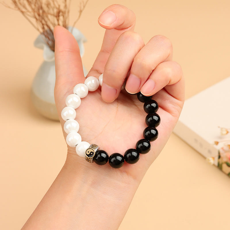 Wear FengShui Black Obsidian White Porcelain Beads Yin Yang Fulfilment Bracelet