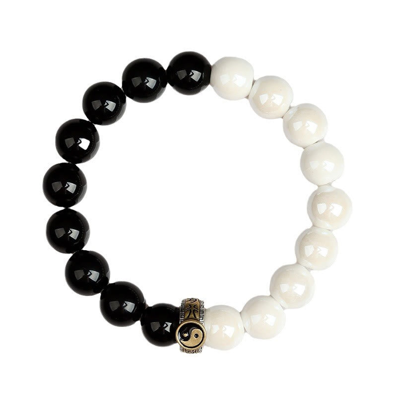 Wear FengShui Black Obsidian White Porcelain Beads Yin Yang Fulfilment Bracelet