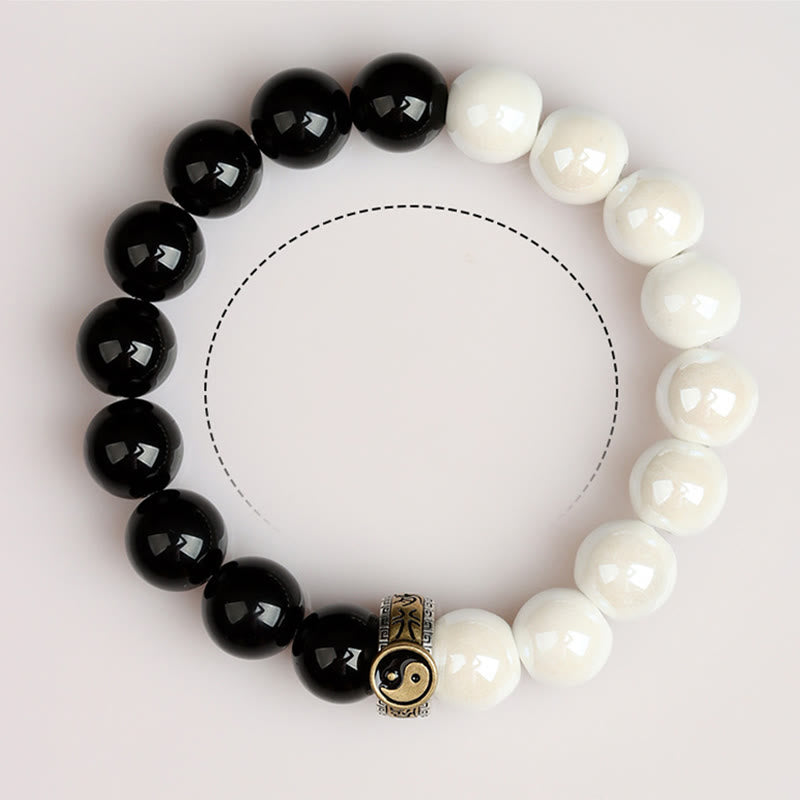 Wear FengShui Black Obsidian White Porcelain Beads Yin Yang Fulfilment Bracelet
