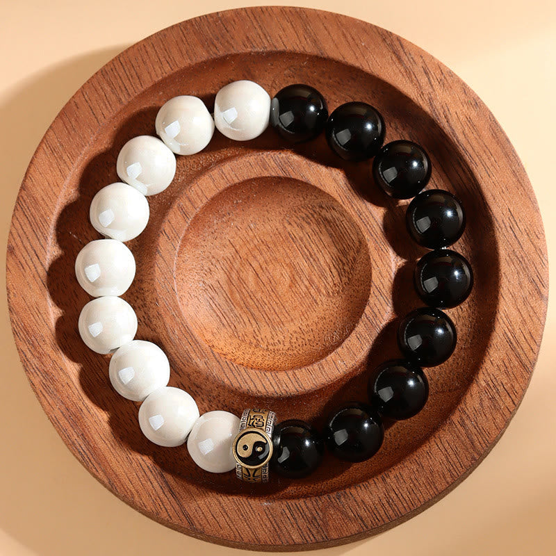 Wear FengShui Black Obsidian White Porcelain Beads Yin Yang Fulfilment Bracelet