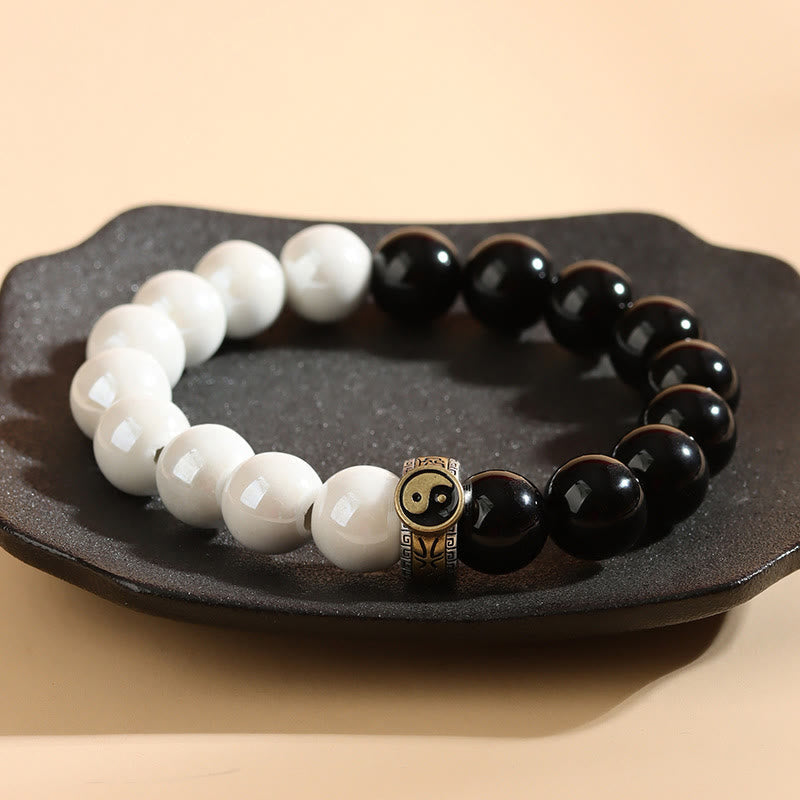 Wear FengShui Black Obsidian White Porcelain Beads Yin Yang Fulfilment Bracelet