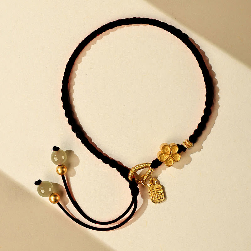 Wear FengShui Hetian Jade Small Peach Blossom Fu Character Charm Luck String Bracelet