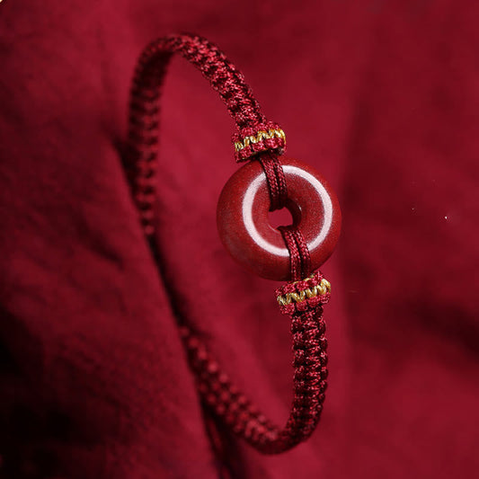 Wear FengShui Handmade Cinnabar Round Peace Buckle Concentration Braided Bracelet