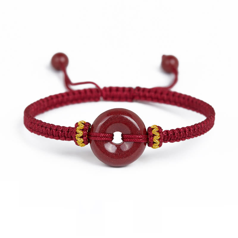Wear FengShui Handmade Cinnabar Round Peace Buckle Concentration Braided Bracelet