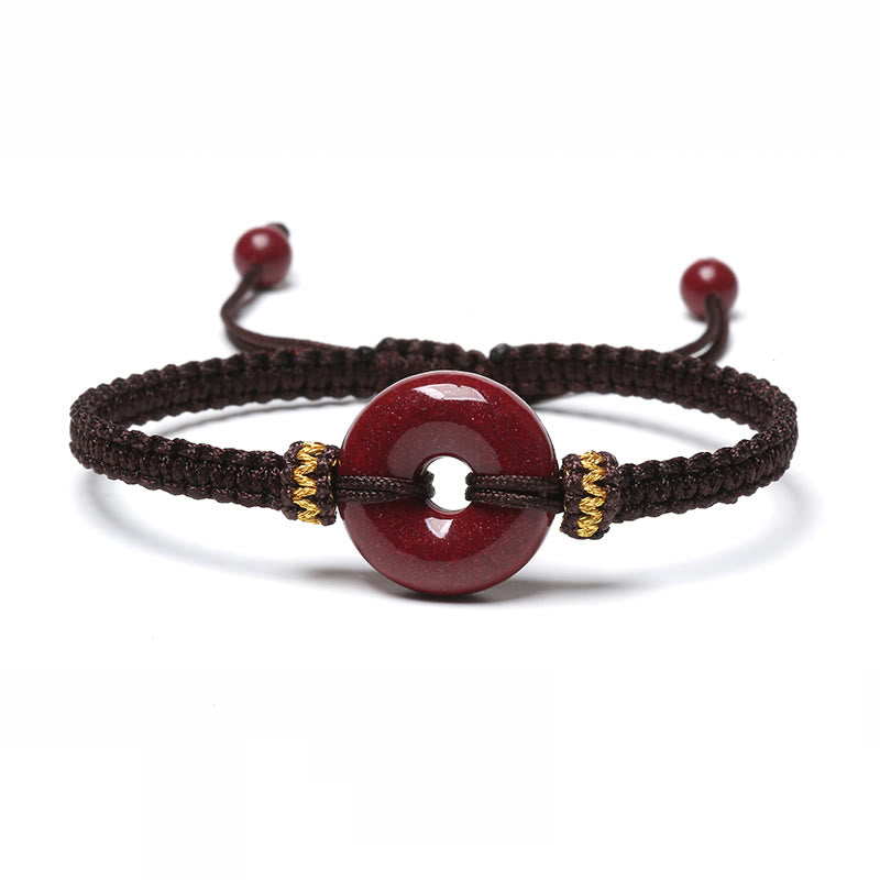 Wear FengShui Handmade Cinnabar Round Peace Buckle Concentration Braided Bracelet