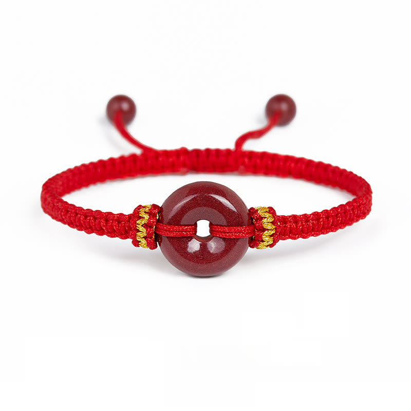Wear FengShui Handmade Cinnabar Round Peace Buckle Concentration Braided Bracelet