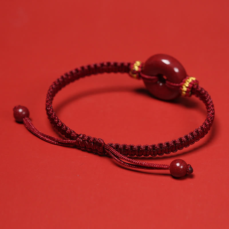 Wear FengShui Handmade Cinnabar Round Peace Buckle Concentration Braided Bracelet