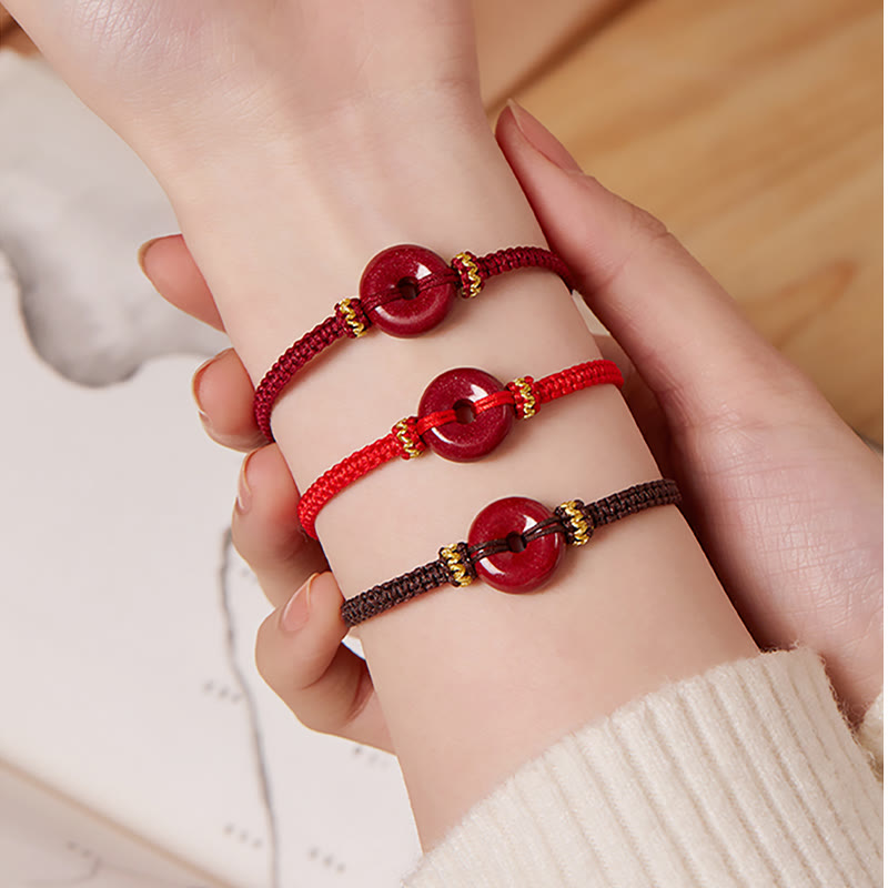 Wear FengShui Handmade Cinnabar Round Peace Buckle Concentration Braided Bracelet