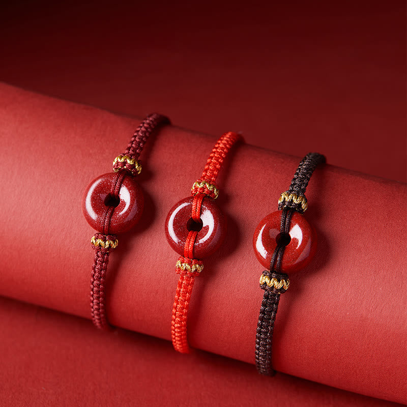 Wear FengShui Handmade Cinnabar Round Peace Buckle Concentration Braided Bracelet