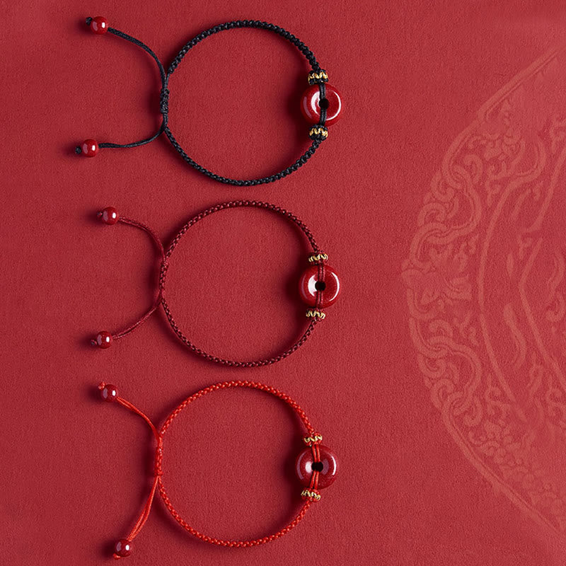Wear FengShui Handmade Cinnabar Round Peace Buckle Concentration Braided Bracelet