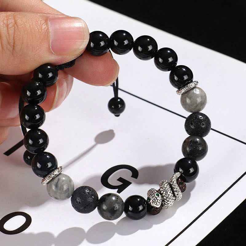Wear FengShui Black Onyx Black Glitter Stone White Agate White Turquoise Year Of The Snake Protection Bracelet
