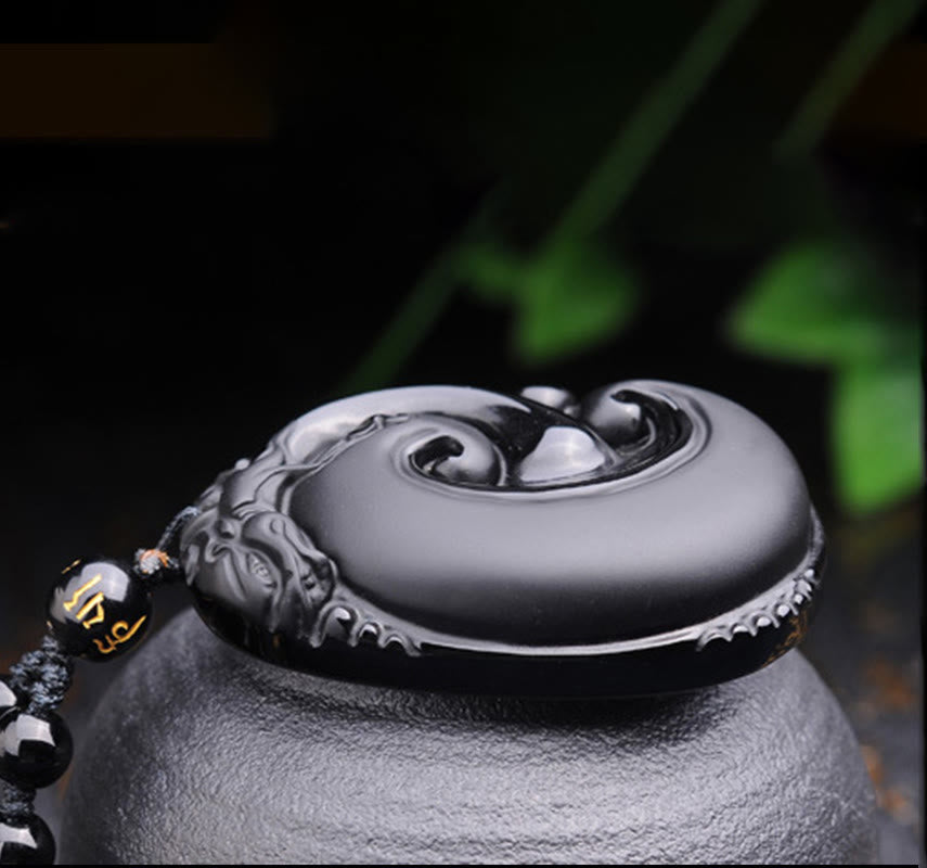 Wear FengShui Natural Black Obsidian PiXiu Oval Pattern Strength Necklace Pendant