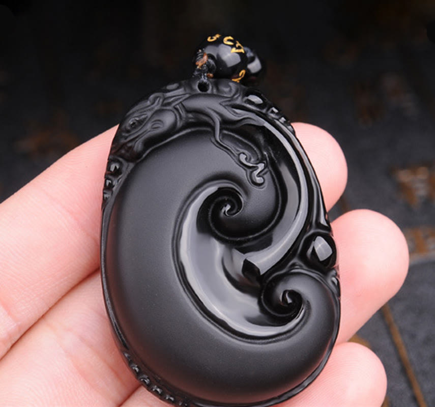 Wear FengShui Natural Black Obsidian PiXiu Oval Pattern Strength Necklace Pendant