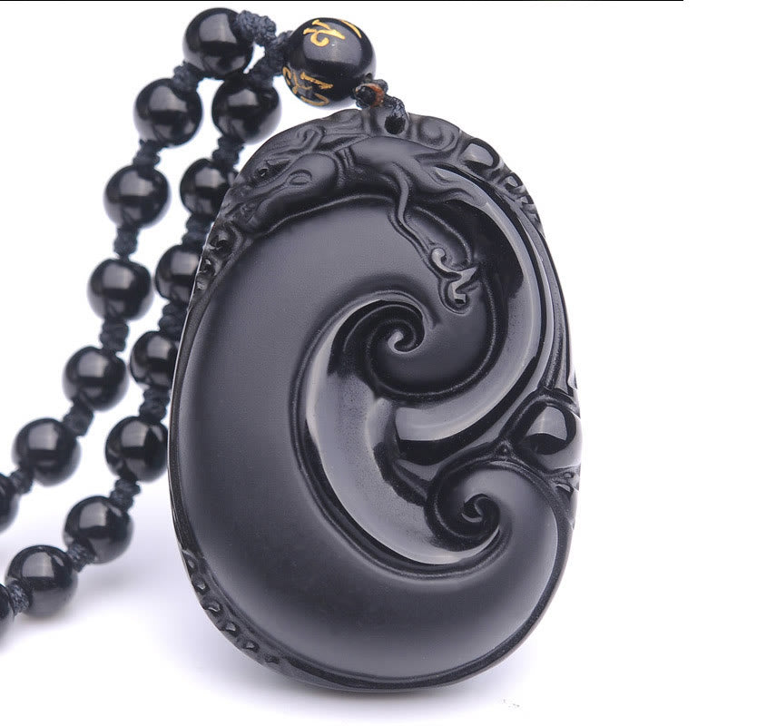 Wear FengShui Natural Black Obsidian PiXiu Oval Pattern Strength Necklace Pendant