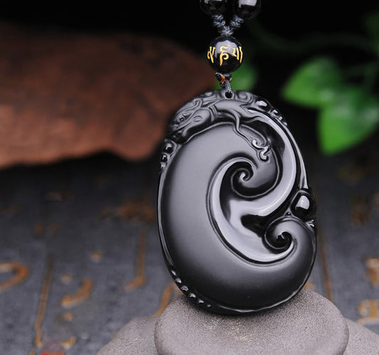 Wear FengShui Natural Black Obsidian PiXiu Oval Pattern Strength Necklace Pendant