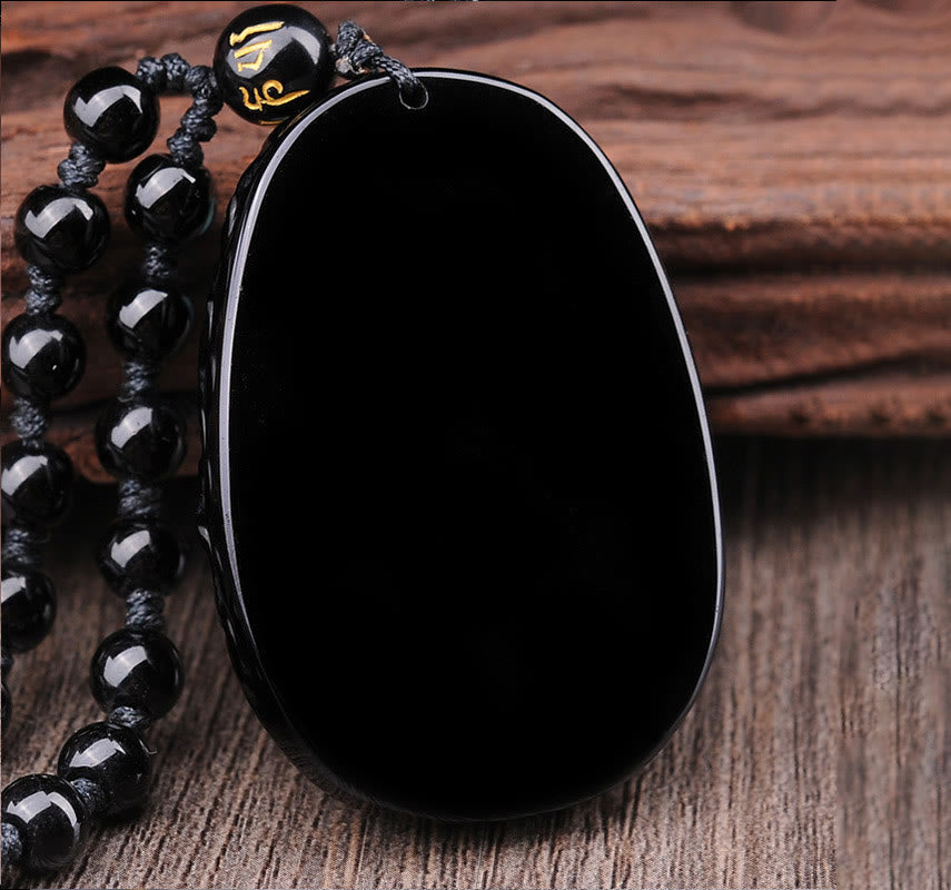 Wear FengShui Natural Black Obsidian PiXiu Oval Pattern Strength Necklace Pendant