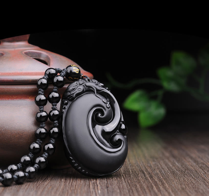 Wear FengShui Natural Black Obsidian PiXiu Oval Pattern Strength Necklace Pendant
