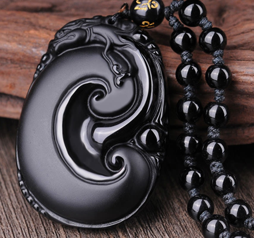 Wear FengShui Natural Black Obsidian PiXiu Oval Pattern Strength Necklace Pendant