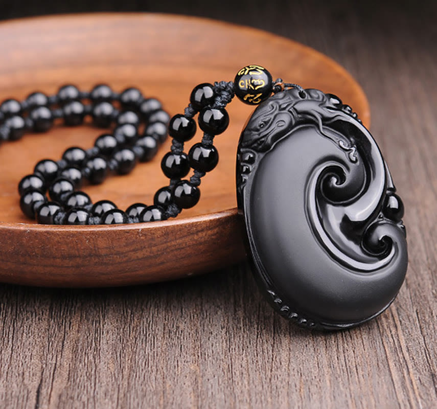 Wear FengShui Natural Black Obsidian PiXiu Oval Pattern Strength Necklace Pendant