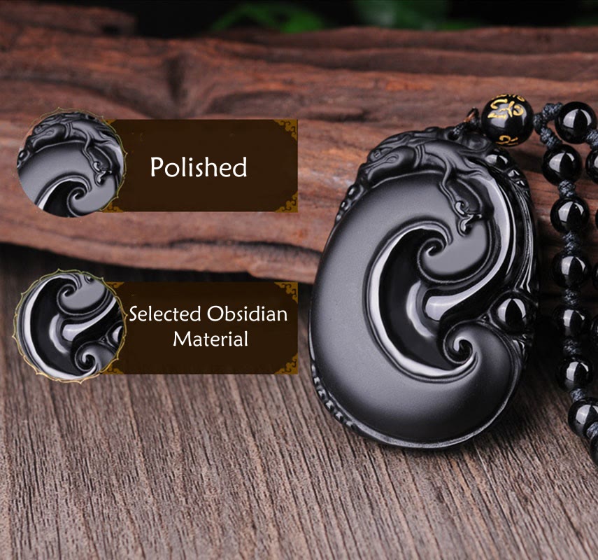 Wear FengShui Natural Black Obsidian PiXiu Oval Pattern Strength Necklace Pendant