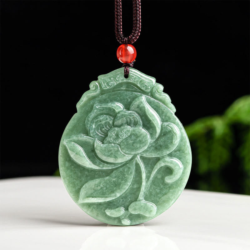 Wear FengShui Round Lotus Pattern Jade Abundance Prosperity Necklace Rope Pendant